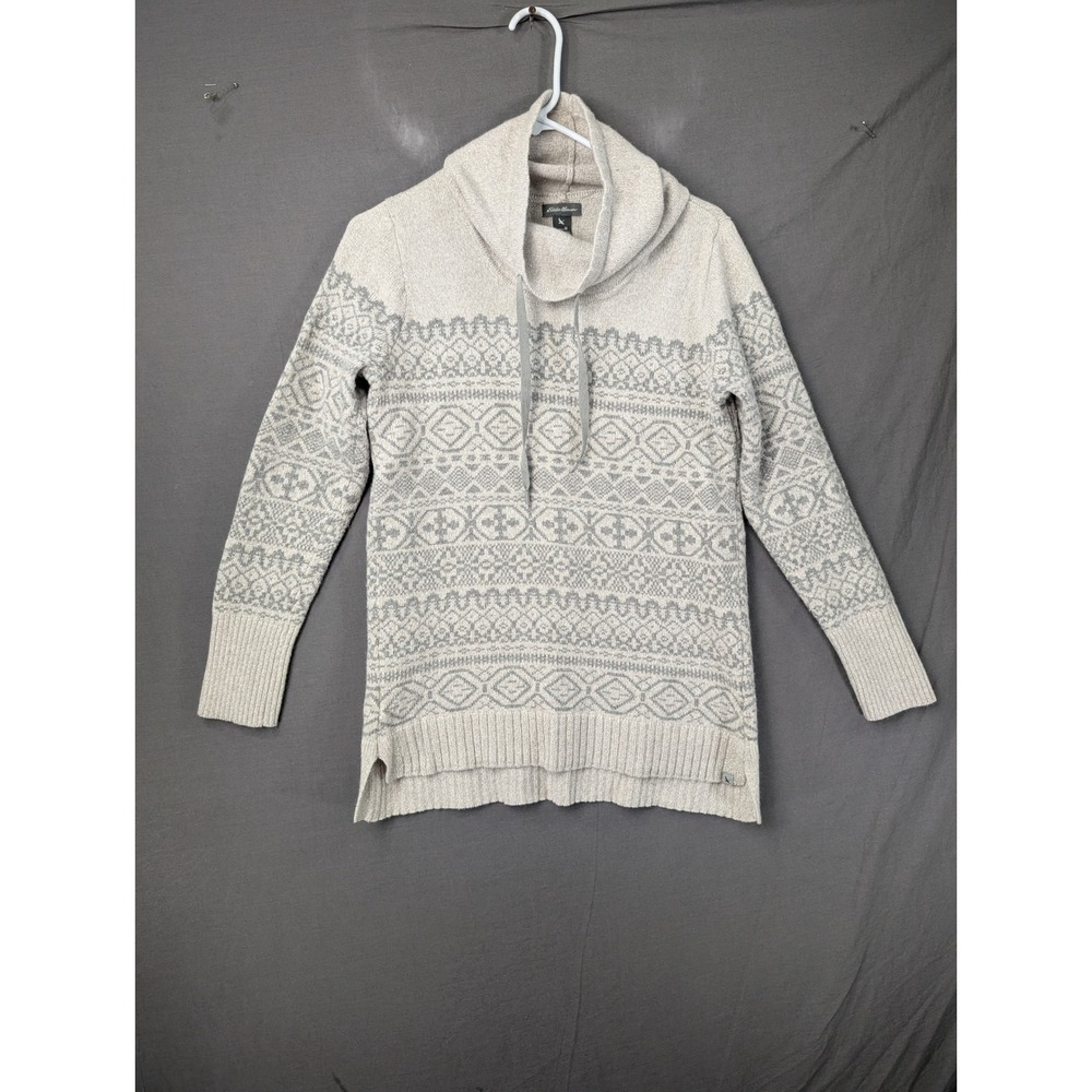 Eddie Bauer Womens Gray Fair Isle Cowlโ Neck Cotton Wool Blend Sweater Medium